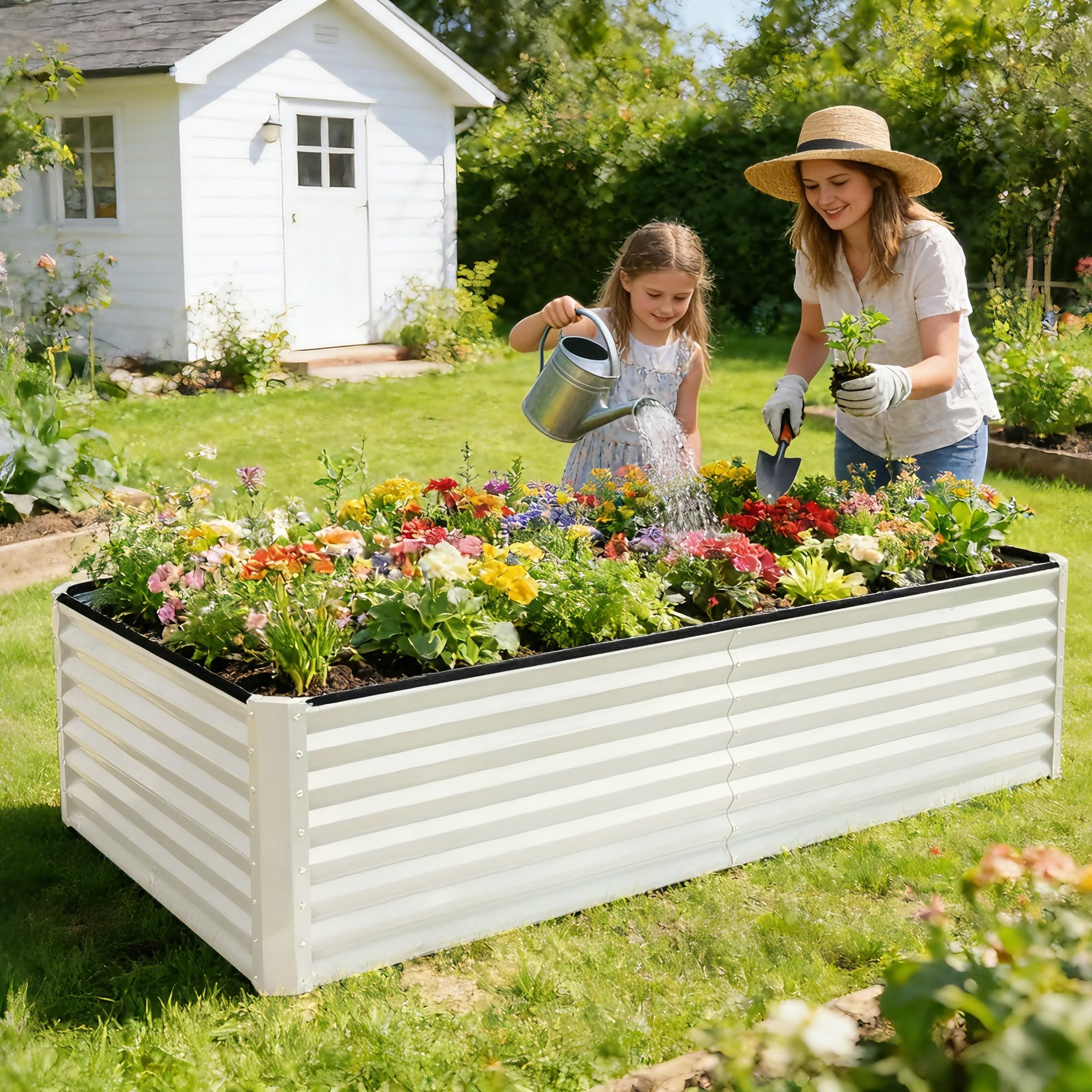 8×4×2 FT Galvanized Planter Box, Raised Garden Bed, Outdoor Above Ground Planter Extra Large Garden Box Kits for Vegetables, Flowers, Herbs (White)