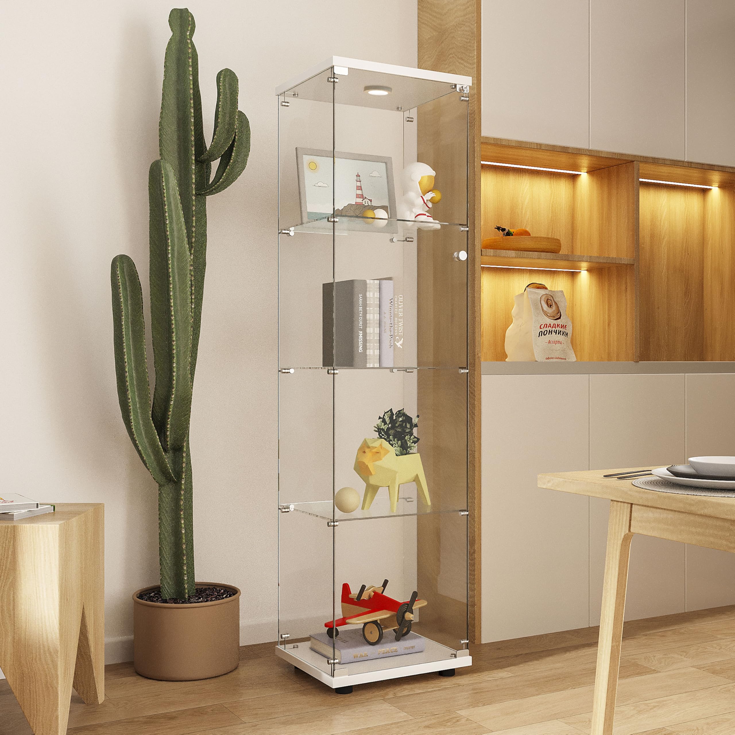 Glass Display Case with Lights,Tempered Glass Curio Cabinets with Glass Doors and Lock,Glass Display Cabinet for Bedroom, Living Room,Kitchen (White, 2 Door-5 Tier)