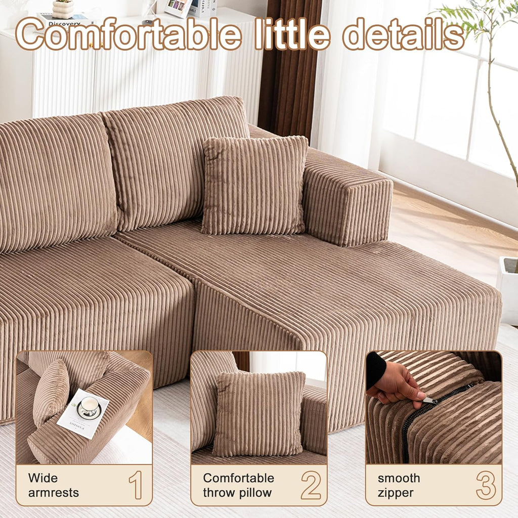 130" Oversized Cloud Boneless Sofa Couch with Chaise, Modern Corduroy U Shaped Modular Sectional Sofa with Deep Seat, No Assembly Required (Foam + White + Corduroy + 3 Seat)