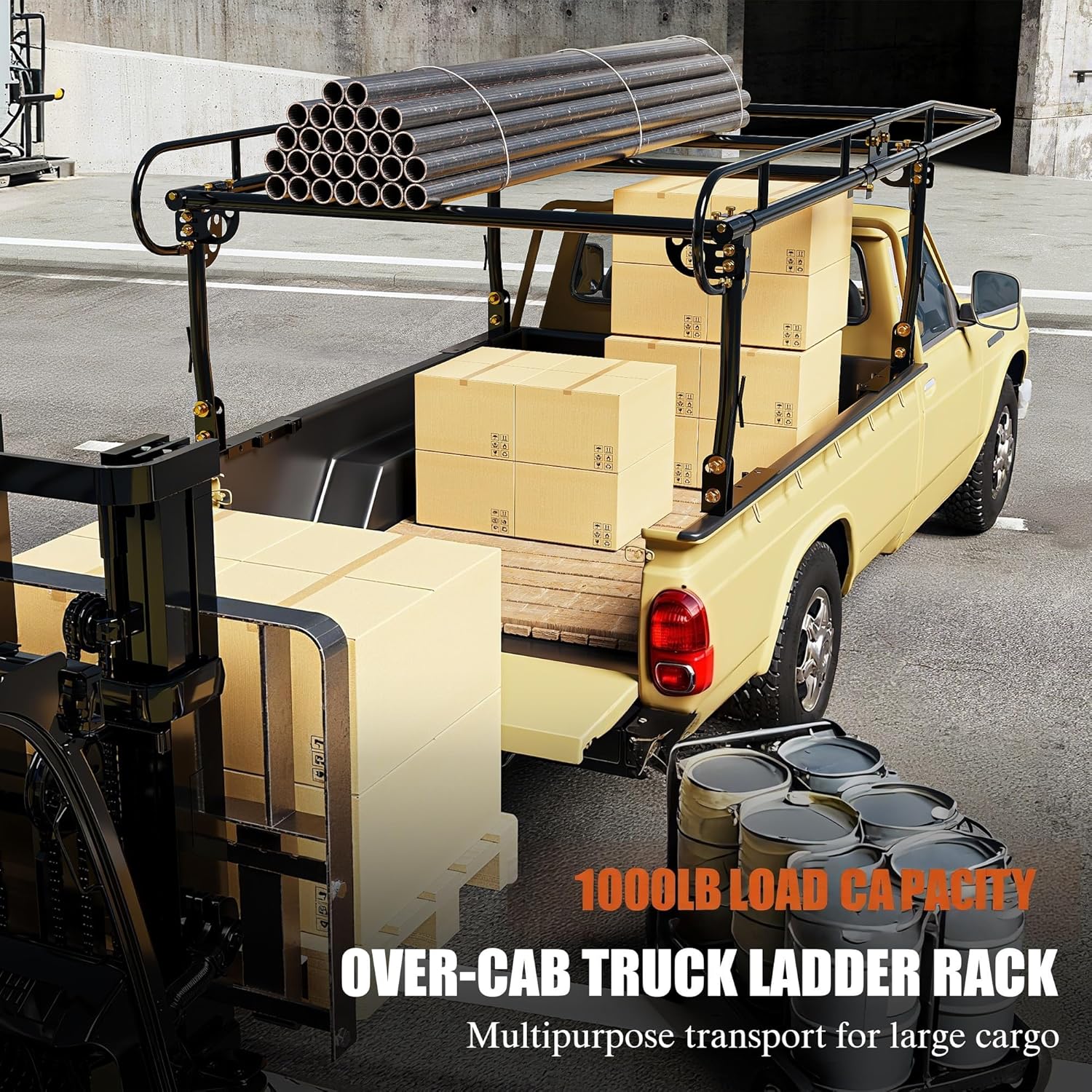 1000 LBS Adjustable Truck,Universal Steel Over-Cab Truck Bed Rack,Contractor Pickup Lumber Full Size Rack Adjustable for Kayak, Ladder, Surfboard, Lumber