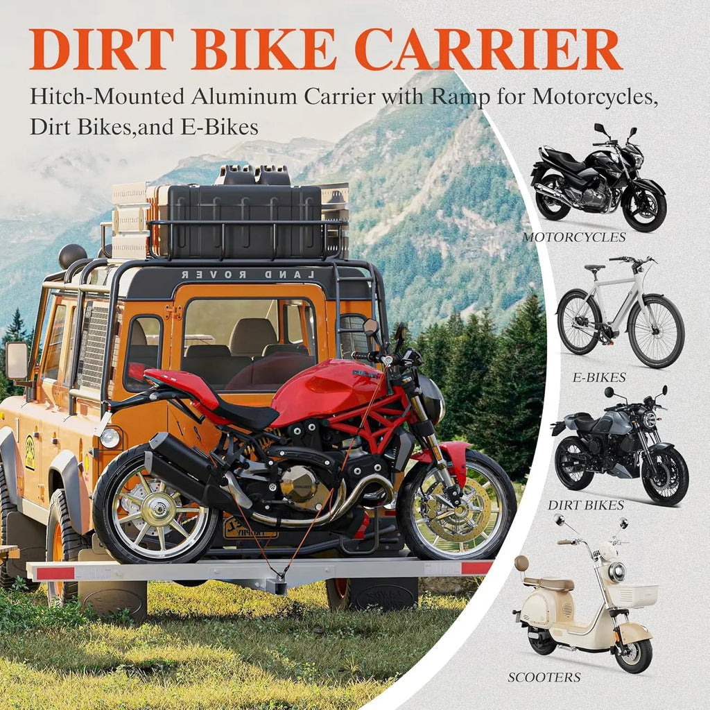 Aluminum Motorcycle Hitch Mount Carrier, Dirt Bike Rack with Loading Ramp, 400lb Capacity with Anti-Rattle Stabilizer, Fits 2" Receiver,Lightweight & Rust-Resistant QIHAI