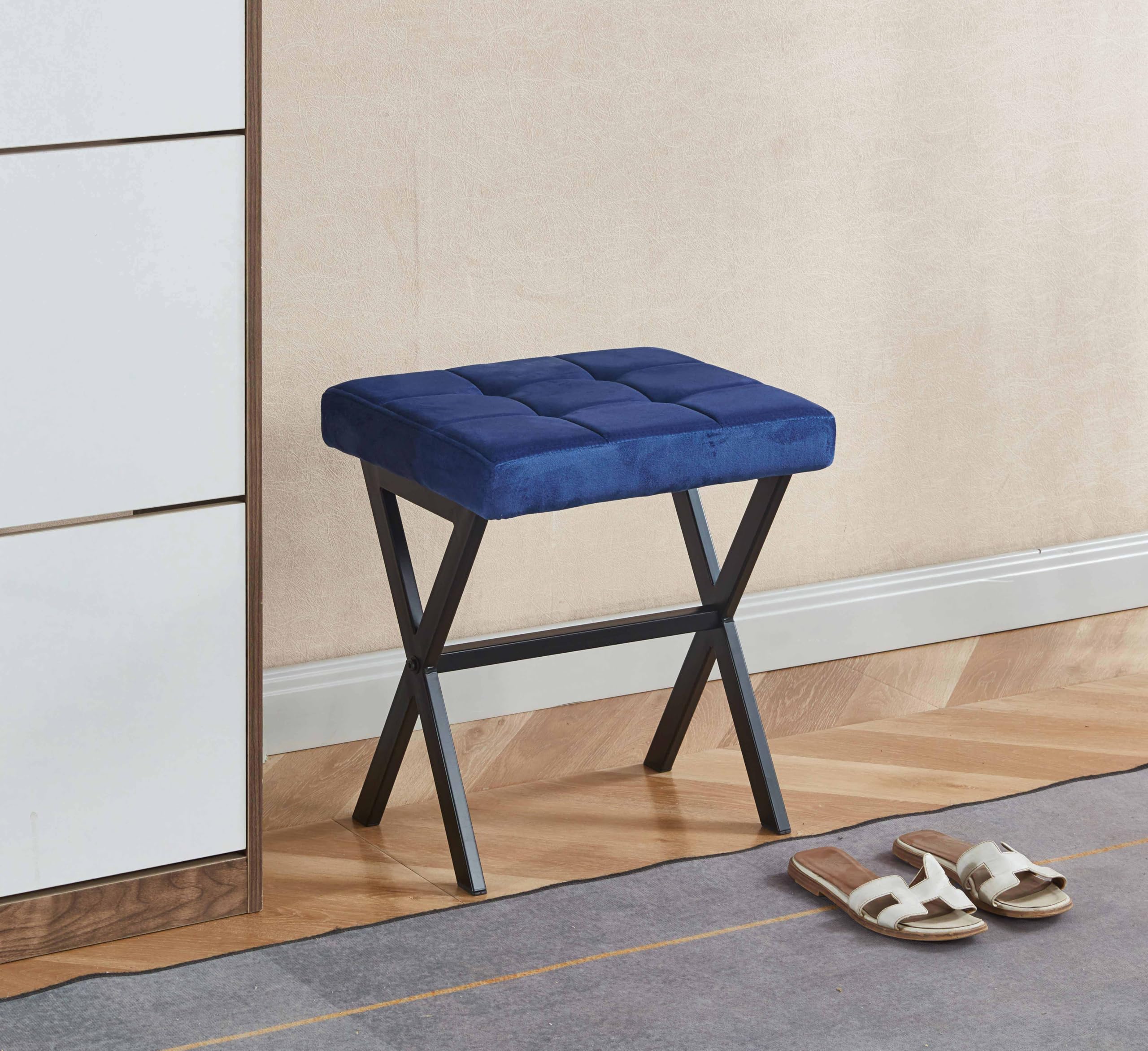 Vanity Stool - Square Faux Leather Makeup Seat with Metal X Legs, Small Ottoman Chair for Makeup Room, Living Room - Modern Padded Foot Rest (Dark Brown)