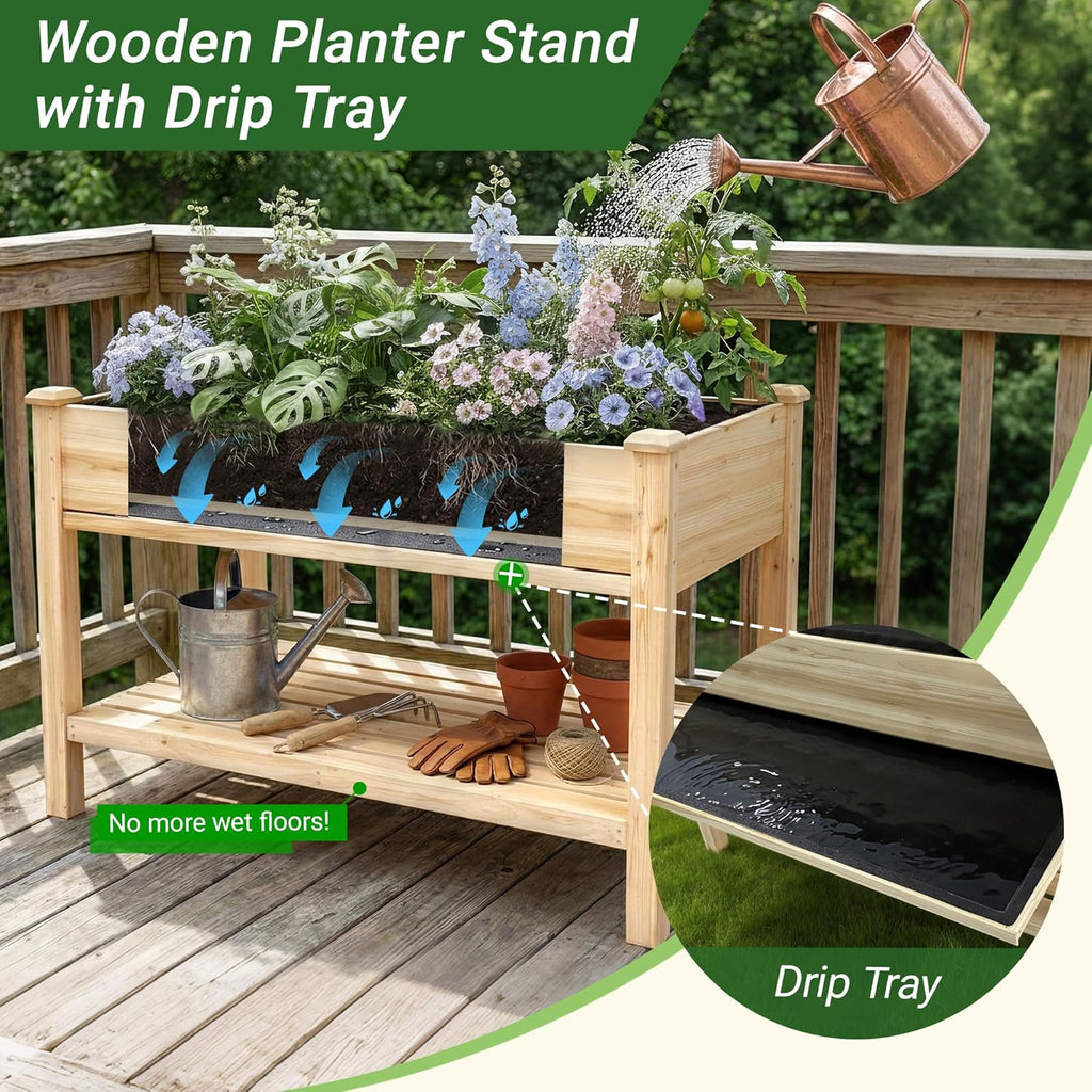 Outdoor Wood Raised Garden Bed,Storage Shelf, Elevated Reinforced Large Planter Box for Vegetable Flower Backyard Patio Gardening Balcony,48x23x31.1-inch