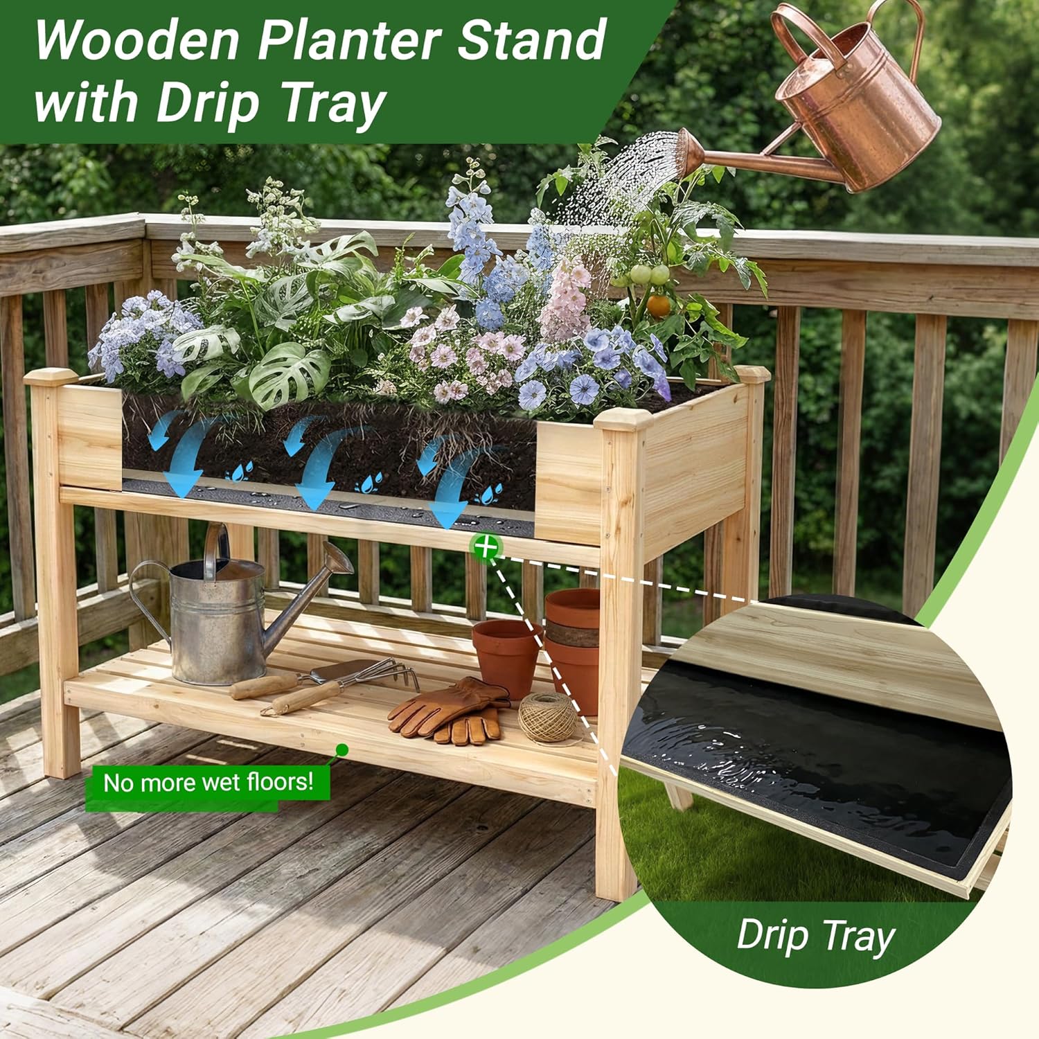 Outdoor Wood Raised Garden Bed,Storage Shelf, Elevated Reinforced Large Planter Box for Vegetable Flower Backyard Patio Gardening Balcony,48x23x31.1-inch