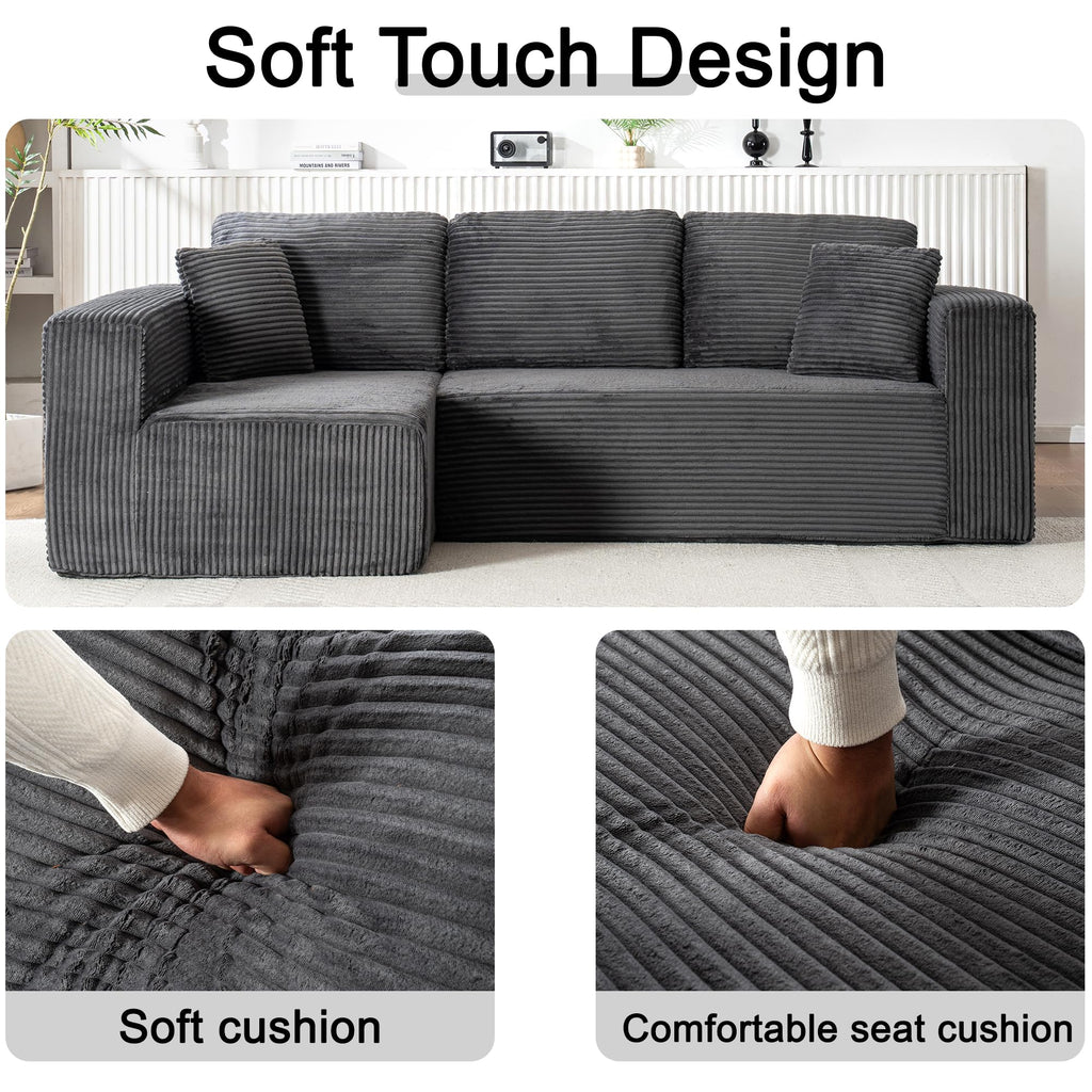 Living Room Wide Armchair Sofa, Modern Modular Recliner Sofa, L-Shaped Cloud Sofa, No Assembly Required, Corduroy Fabric, Soft and Comfortable (Foam + Gray + Corduroy + 3 Seat)