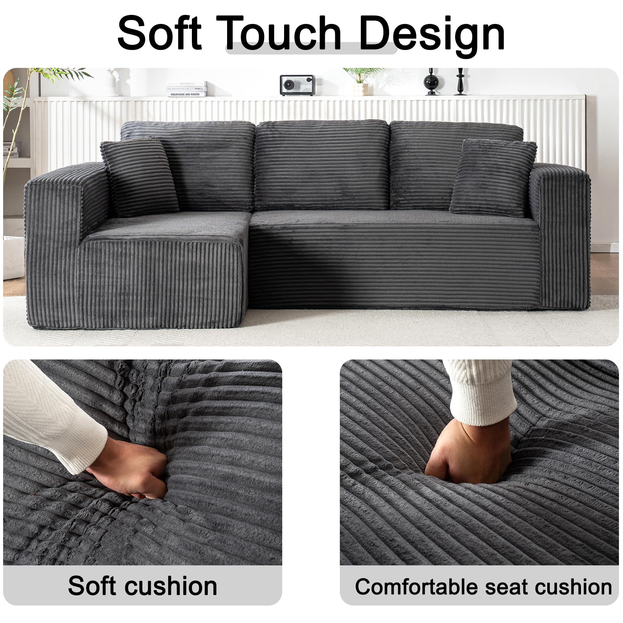 Living Room Wide Armchair Sofa, Modern Modular Recliner Sofa, L-Shaped Cloud Sofa, No Assembly Required, Corduroy Fabric, Soft and Comfortable (Foam + Gray + Corduroy + 3 Seat)