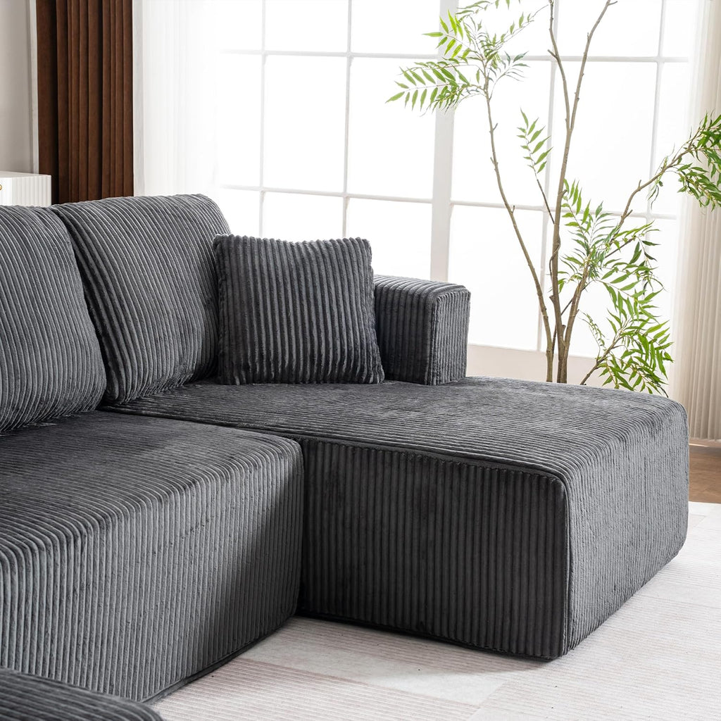 130" Oversized Cloud Boneless Sofa Couch with Chaise, Modern Corduroy U Shaped Modular Sectional Sofa with Deep Seat, No Assembly Required (Foam + White + Corduroy + 3 Seat)