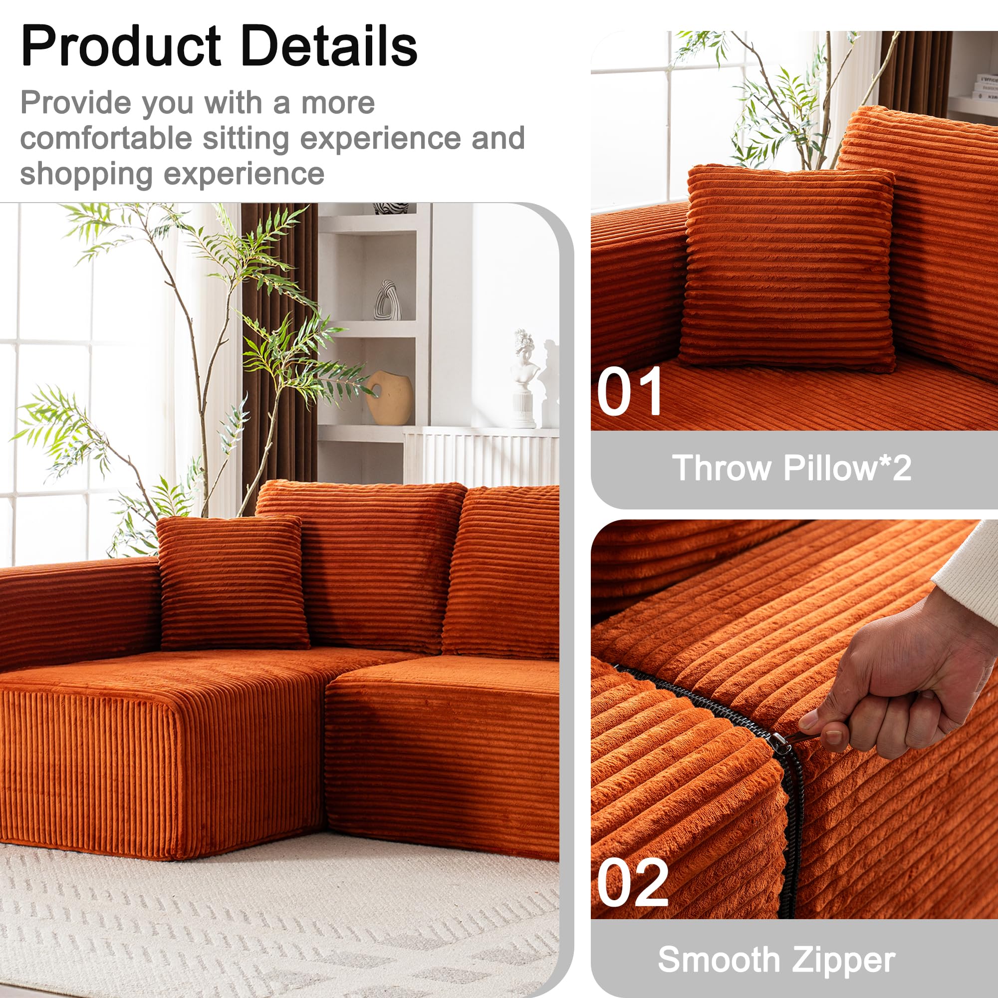 Living Room Wide Armchair Sofa, Modern Modular Recliner Sofa, L-Shaped Cloud Sofa, No Assembly Required, Corduroy Fabric, Soft and Comfortable (Foam + Gray + Corduroy + 3 Seat)