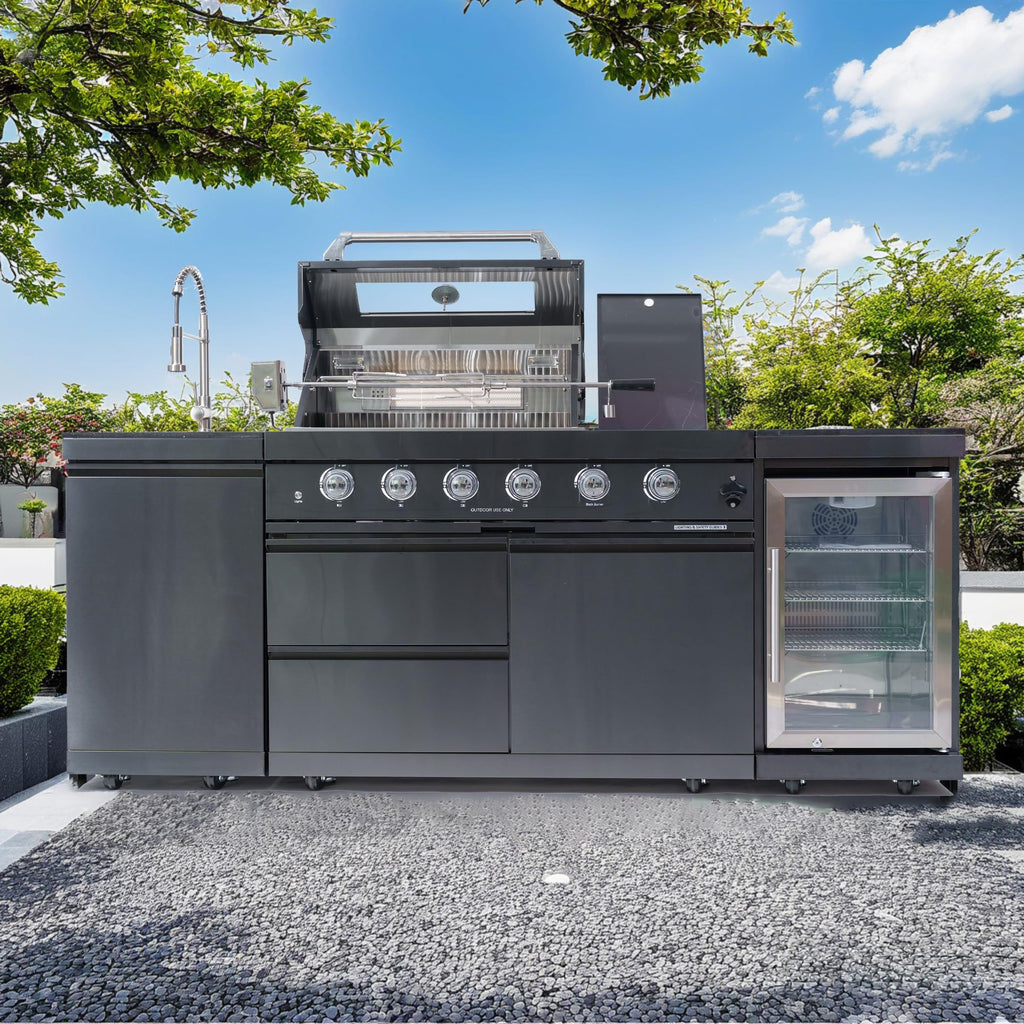 46-Inch 4-Burner 72000 BTU Deluxe Stainless Steel Gas Outdoor Kitchen Bar Barbecue Island Grill, Wine Cooler Compact Refrigerator, Rotisserie, Granite Countertops, Stainless steel Sink,Black