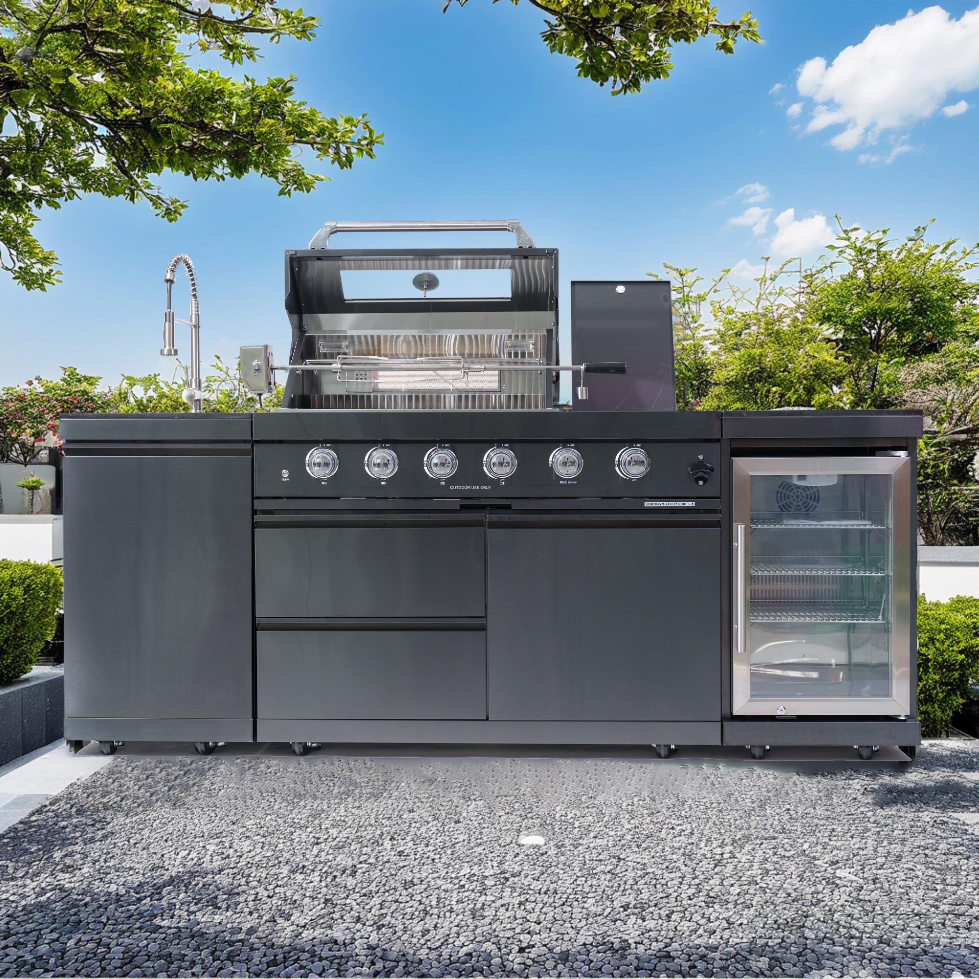46-Inch 4-Burner 72000 BTU Deluxe Stainless Steel Gas Outdoor Kitchen Bar Barbecue Island Grill, Wine Cooler Compact Refrigerator, Rotisserie, Granite Countertops, Stainless steel Sink,Black