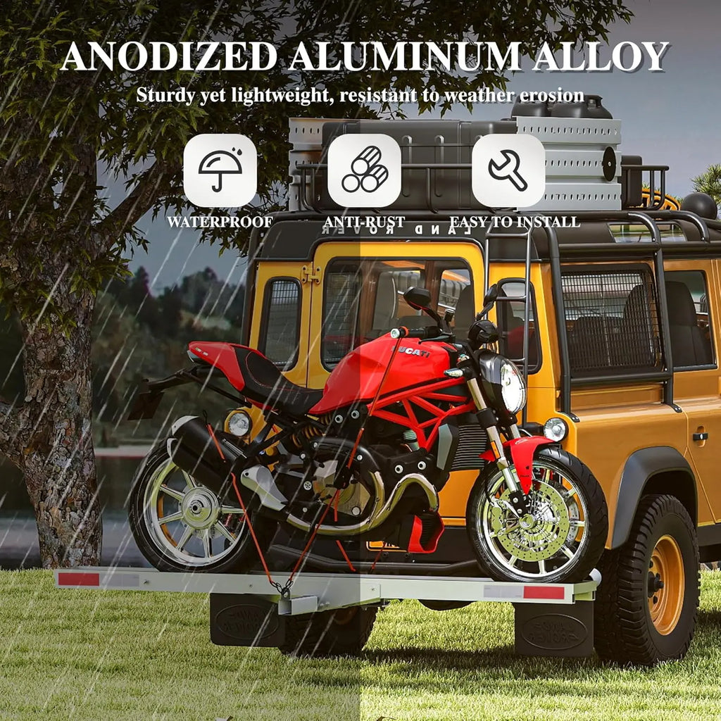 Aluminum Motorcycle Hitch Mount Carrier, Dirt Bike Rack with Loading Ramp, 400lb Capacity with Anti-Rattle Stabilizer, Fits 2" Receiver,Lightweight & Rust-Resistant QIHAI