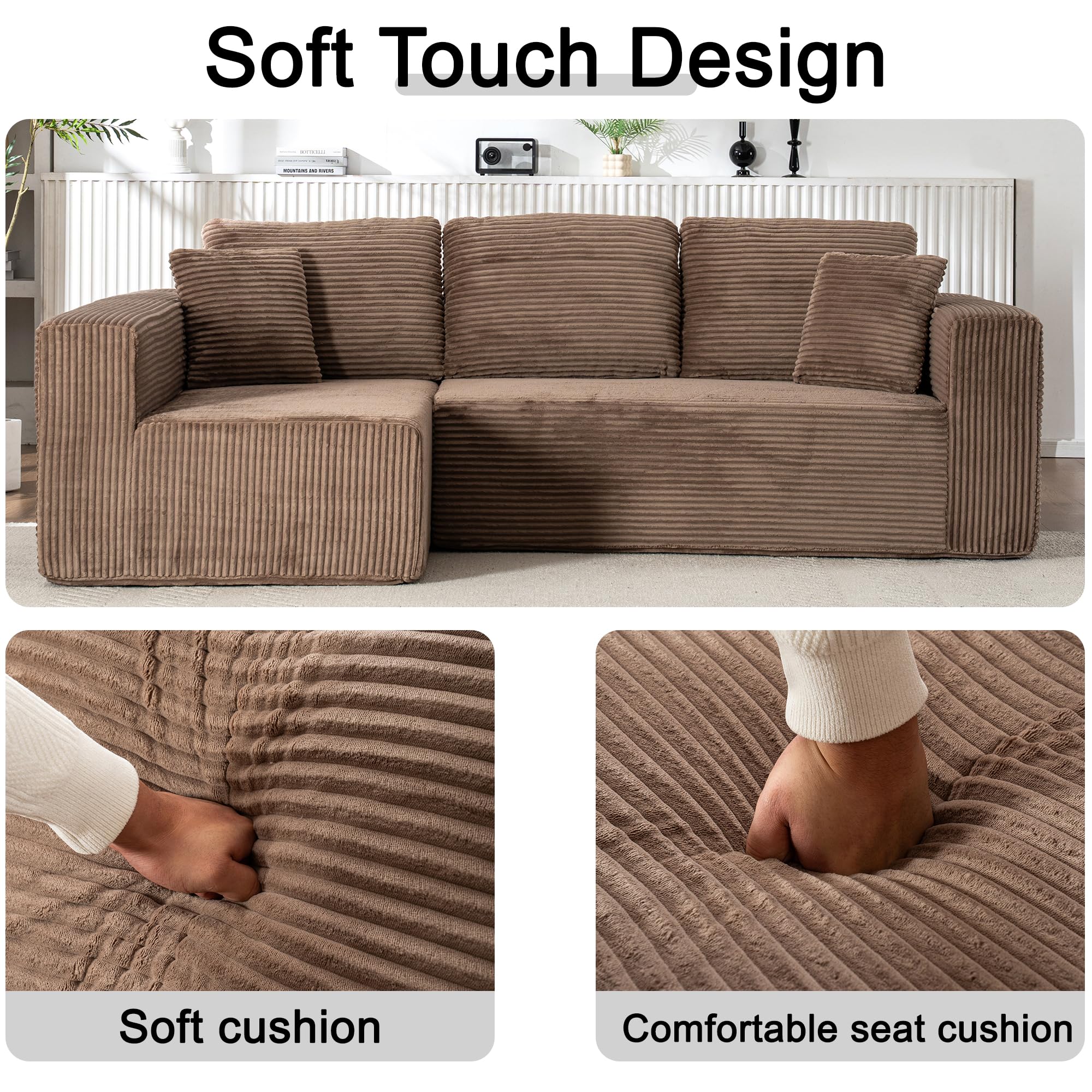 Living Room Wide Armchair Sofa, Modern Modular Recliner Sofa, L-Shaped Cloud Sofa, No Assembly Required, Corduroy Fabric, Soft and Comfortable (Foam + Gray + Corduroy + 3 Seat)