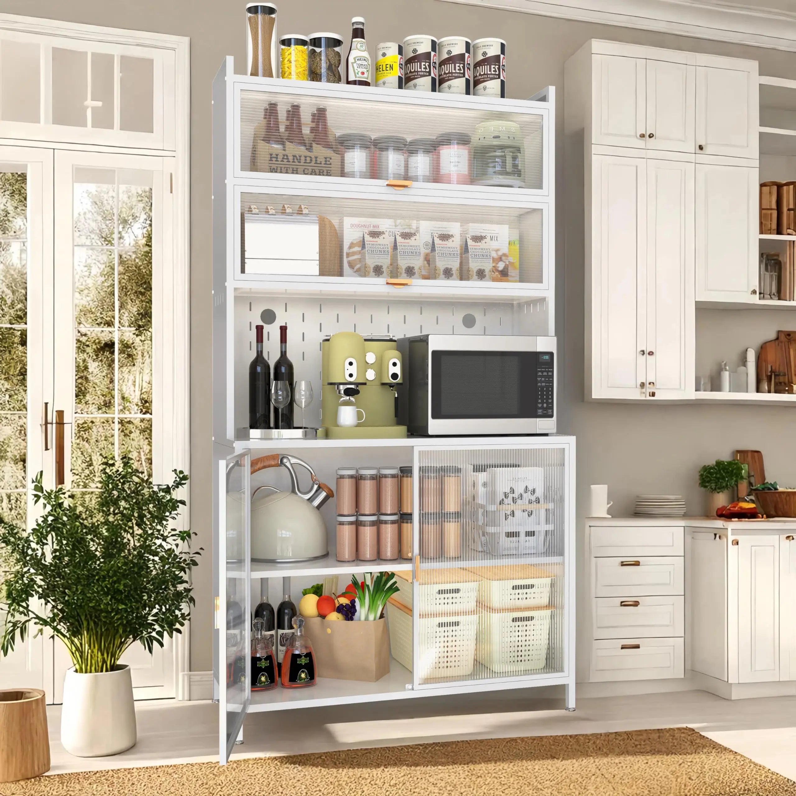 73'' Tall Kitchen Pantry Cabinet, 6 Level Flip Door with Pegboard Metal Pantry Storage Cabinet, Anti-Tip Design Hutch for Kitchen, Dining Room, Living Room,Grey QIHAI