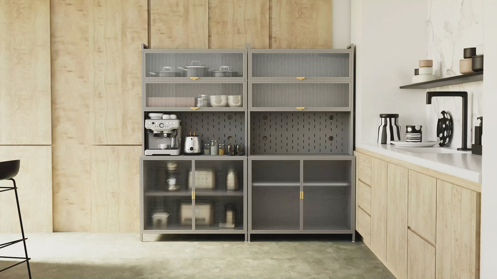 73'' Tall Kitchen Pantry Cabinet, 6 Level Flip Door with Pegboard Metal Pantry Storage Cabinet, Anti-Tip Design Hutch for Kitchen, Dining Room, Living Room,Grey