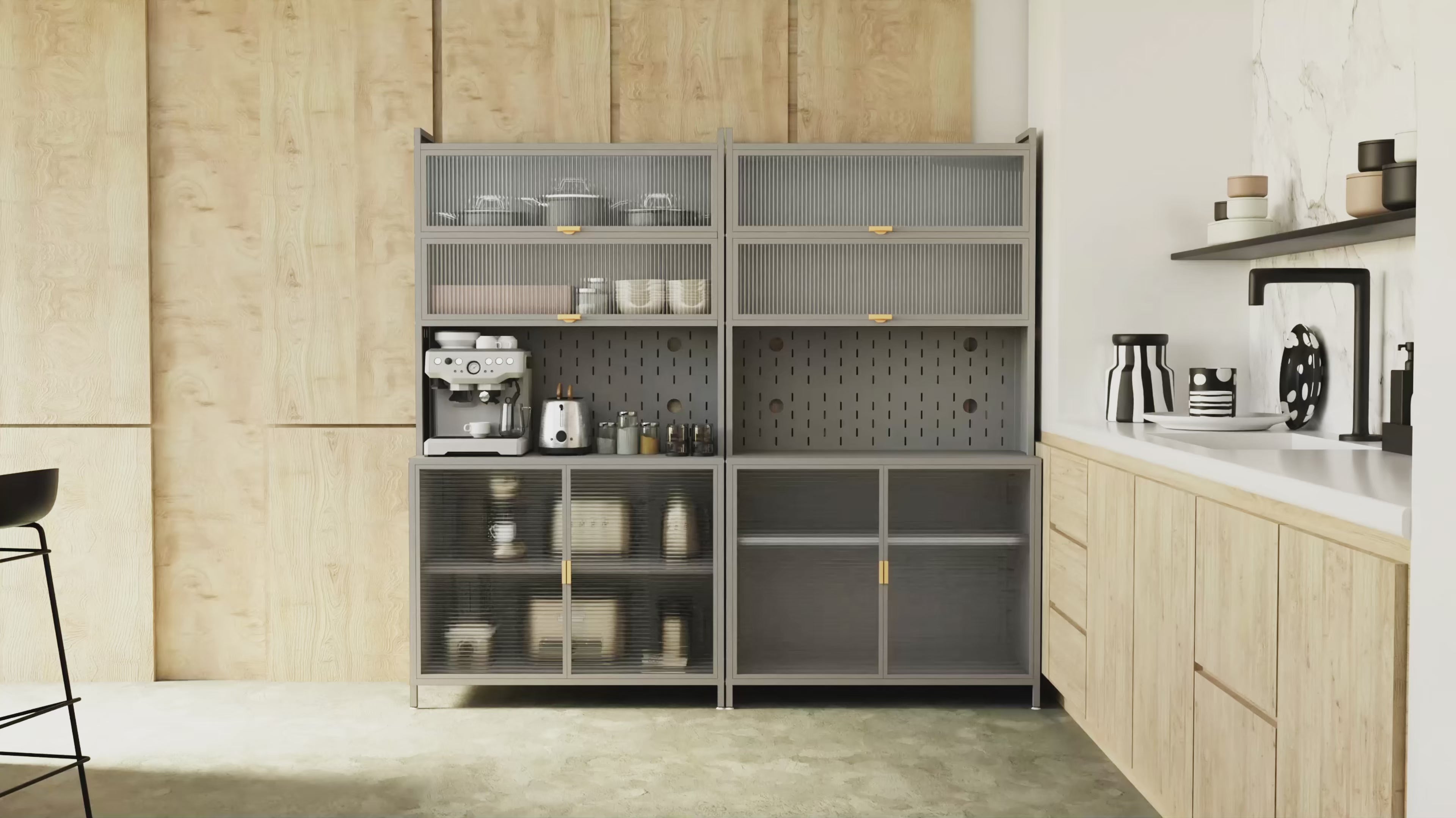 73'' Tall Kitchen Pantry Cabinet, 6 Level Flip Door with Pegboard Metal Pantry Storage Cabinet, Anti-Tip Design Hutch for Kitchen, Dining Room, Living Room,Grey
